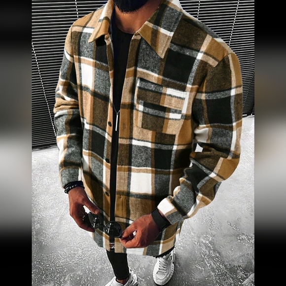 NEW! PLAID SHACKET JACKET TAN BROWN MEDIUM - Picture 2 of 3